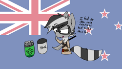 Size: 1920x1080 | Tagged: safe, artist:exxie, derpibooru import, oc, oc only, oc:bandy cyoot, raccoon pony, flag, new zealand, recycle bin, simple background, solo, text, trash can