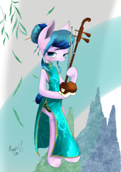 Size: 1240x1754 | Tagged: safe, artist:psaxophone, derpibooru import, oc, earth pony, semi-anthro, blushing, cheongsam, clothes, erhu, female, hair bun, lidded eyes, looking at you, mare, musical instrument, solo, tail bun