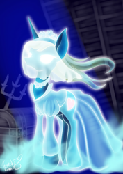 Size: 1240x1754 | Tagged: safe, artist:psaxophone, derpibooru import, ghost pony, unicorn, bride, clothes, dress, female, glowing eyes, jewelry, mare, necklace, solo, unknown pony, wedding dress, wedding veil