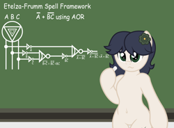 Size: 2296x1689 | Tagged: safe, artist:digiqrow, oc, oc only, oc:caliza, earth pony, pony, semi-anthro, belly button, chalkboard, circuit, electronics, fancy mathematics, flower, flower in hair, logic gate, math, solo