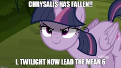 Size: 888x499 | Tagged: safe, derpibooru import, edit, edited screencap, screencap, mean twilight sparkle, alicorn, the mean 6, clone, discovery family logo, evil grin, exploitable meme, image macro, implied chrysalis, meme, smiling, smirk, starscream, text, twilight is anakin