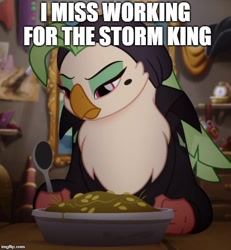 Size: 500x542 | Tagged: safe, derpibooru import, edit, edited screencap, screencap, captain celaeno, my little pony: the movie, cropped, image macro, meme, solo, stockholm syndrome, storm king's messenger outfit