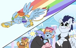 Size: 1849x1176 | Tagged: safe, artist:pastel-charms, derpibooru import, bow hothoof, rainbow dash, scootaloo, soarin', windy whistles, pegasus, pony, clothes, crying, dress, female, flying, liquid pride, male, rainbow trail, shipping, soarindash, straight, suit, tears of joy, wedding dress