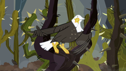 Size: 1280x720 | Tagged: safe, derpibooru import, screencap, bald eagle, bird, eagle, may the best pet win, animal, eyes closed, ghastly gorge, solo, straining, stuck, tangled up, thorns