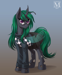 Size: 1062x1300 | Tagged: safe, artist:margony, oc, oc only, changeling, changeling oc, clothes, commission, cute, fangs, female, glasses, green changeling, looking at you, moe, ocbetes, pleated skirt, skirt, smiling, solo, sweater