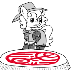 Size: 640x600 | Tagged: safe, artist:ficficponyfic, derpibooru import, oc, oc only, oc:lockepicke, earth pony, pony, angry, angry face, bag, boots, buckle, clothes, coat, cyoa, cyoa:the wizard of logic tower, female, har, leather, leather belt, leg wraps, magic, magic circle, mare, shoes, story included, summoning circle, sweater