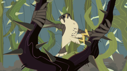 Size: 1280x720 | Tagged: safe, derpibooru import, screencap, bird, may the best pet win, animal, falcon, ghastly gorge, open beak, peregrine falcon, solo, stuck, tangled up, thorns