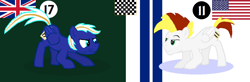 Size: 1168x383 | Tagged: safe, artist:lukington17, derpibooru exclusive, derpibooru import, oc, oc only, oc:ban pinna, oc:electric blue, pegasus, pony, american, american flag, british, chevrolet, facial hair, green background, male, numbers, pounce, race, racing, simple background, smiling, smirk, stallion, stripes, union jack, united kingdom, united states