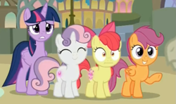 Size: 871x517 | Tagged: safe, derpibooru import, screencap, apple bloom, scootaloo, sweetie belle, twilight sparkle, twilight sparkle (alicorn), alicorn, surf and/or turf, :i, cutie mark crusaders, varying degrees of want