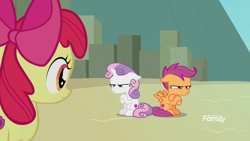 Size: 1920x1080 | Tagged: safe, derpibooru import, screencap, apple bloom, scootaloo, sweetie belle, surf and/or turf, cutie mark crusaders, discovery family logo