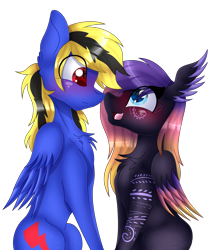 Size: 2680x3074 | Tagged: safe, artist:tomboygirl45, derpibooru import, oc, oc only, oc:blooming lotus, oc:thunder lightning, pegasus, pony, blushing, female, high res, looking at each other, male, mare, simple background, stallion, thunming, transparent background