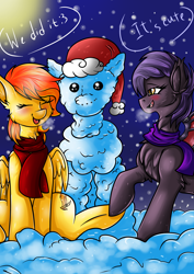 Size: 2120x3000 | Tagged: safe, artist:fkk, oc, oc only, oc:dawn sentry, oc:firetale, bat pony, pegasus, pony, bat pony oc, christmas, clothes, commission, female, hat, holiday, mare, santa hat, scarf, snow, snowman, ych result