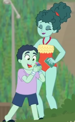 Size: 364x592 | Tagged: safe, derpibooru import, screencap, leafy mint, mint chip, better together, equestria girls, too hot to handle, clothes, cropped, duo, female, male, mother and child, mother and son, one-piece swimsuit, parent and child, swimsuit