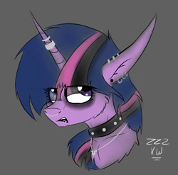 Size: 693x684 | Tagged: safe, artist:zeezou2, twilight sparkle, alicorn, pony, alternate hairstyle, bust, cheek fluff, chest fluff, choker, dyed mane, ear piercing, earring, eyeroll, eyeshadow, female, fluffy, goth, gray background, horn ring, it's a phase, jewelry, makeup, mare, necklace, nose piercing, nose ring, piercing, portrait, signature, simple background, solo, spiked choker