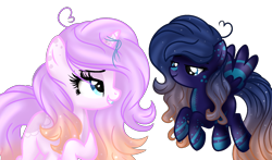 Size: 1530x899 | Tagged: safe, artist:xxmelody-scribblexx, derpibooru import, oc, oc only, oc:amethyst flame, oc:moonrise stars, pegasus, pony, unicorn, female, mare, simple background, transparent background