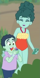 Size: 271x523 | Tagged: safe, derpibooru import, screencap, leafy mint, mint chip, better together, equestria girls, too hot to handle, clothes, cropped, duo, female, male, mother and child, mother and son, one-piece swimsuit, parent and child, swimsuit