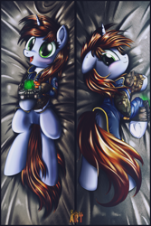 Size: 2000x3000 | Tagged: safe, artist:ruhisu, oc, oc only, oc:littlepip, pony, unicorn, fallout equestria, blushing, body pillow, body pillow design, clothes, fanfic, fanfic art, female, hooves, horn, looking at you, lying down, mare, on back, on side, open mouth, pipbuck, smiling, solo, uniform, vault suit