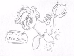 Size: 2812x2110 | Tagged: safe, artist:binkyt11, derpibooru exclusive, derpibooru import, scootaloo, seapony (g4), surf and/or turf, bubble, female, filly, monochrome, seaponified, seapony scootaloo, solo, species swap, speech bubble, that was fast, traditional art