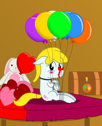 Size: 2600x3200 | Tagged: safe, artist:bladedragoon7575, oc, oc only, oc:tender heart, pony, balloon, bedroom, blushing, bondage, chest, cute, gag, heart balloon, plushie, ribbon, solo, tied up