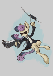 Size: 960x1358 | Tagged: safe, artist:plainoasis, derpibooru import, bon bon, sweetie drops, earth pony, pony, clothes, desert eagle, gun, secret agent sweetie drops, solo, suit, sunglasses, weapon, zipline