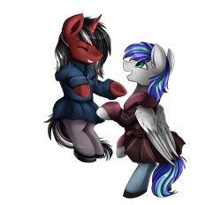 Size: 2569x2386 | Tagged: safe, artist:pridark, derpibooru import, oc, oc only, oc:phantom, oc:storm feather, pegasus, pony, unicorn, clothes, dress, duo, eyes closed, open mouth, simple background, transparent background, underhoof