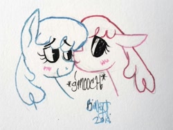 Size: 1827x1366 | Tagged: safe, artist:binkyt11, derpibooru exclusive, derpibooru import, jetstream, lightning bolt, white lightning, bust, eyeshadow, female, jetbolt, lesbian, makeup, mare, shipping, smooch, traditional art