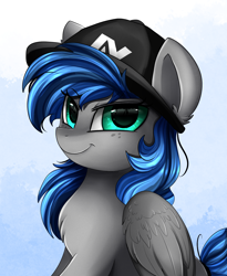 Size: 1446x1764 | Tagged: safe, artist:pridark, derpibooru import, oc, oc:bibbo, pegasus, pony, bust, cap, commission, female, hat, portrait, smiling, solo