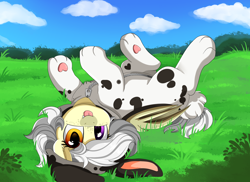 Size: 2494x1816 | Tagged: safe, artist:pridark, derpibooru import, oc, oc only, oc:nib, pony, rabbit, :p, animal costume, bunny costume, bunny ears, clothes, costume, cute, derp, grass, heterochromia, ocbetes, silly, solo, tongue out, upside down