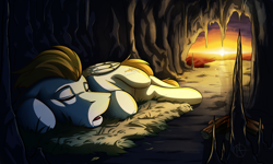 Size: 1024x614 | Tagged: safe, artist:klarapl, derpibooru import, oc, oc:core, pegasus, pony, bonfire, cave, drool, male, open mouth, sleeping, smoke, solo, sunset