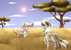 Size: 4200x2935 | Tagged: safe, artist:scarlet-spectrum, oc, oc only, oc:kulinda, oc:moira, butterfly, zebra, absurd resolution, acacia tree, cloud, commission, cute, duo, ear piercing, female, filly, grass field, kulima, monarch butterfly, parent:oc:cha'tima, parent:oc:kulinda, parents:kulima, piercing, savanna, sky, smiling, sun, tall grass, tree