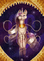 Size: 1000x1387 | Tagged: safe, artist:xaneas, derpibooru import, oc, oc only, oc:sumac spirit, pony, unicorn, chains, female, gold, solo, space, virgo, zodiac