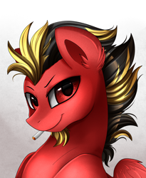 Size: 1446x1764 | Tagged: safe, artist:pridark, derpibooru import, oc, oc:sabertooth thatcher, pegasus, pony, bust, cigarette, commission, facial hair, goatee, male, portrait, red eyes, solo