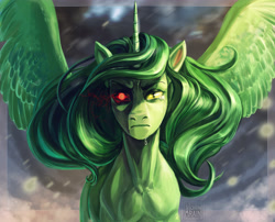 Size: 4961x4016 | Tagged: safe, artist:arainmorn, oc, oc only, alicorn, pony, fallout equestria, abstract background, absurd resolution, artificial alicorn, commission, crying, fanfic, fanfic art, female, green alicorn (fo:e), horn, mare, red eyes, slit eyes, solo, spread wings, wings