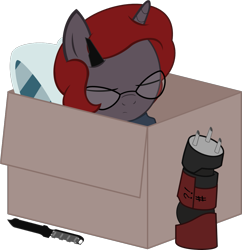 Size: 1097x1134 | Tagged: safe, artist:logic-is-here, derpibooru import, oc, oc:curse word, pony, unicorn, big boss, box, female, glasses, knife, mare, pillow, pony in a box, simple background, sleeping, solo, the phantom pain, transparent background