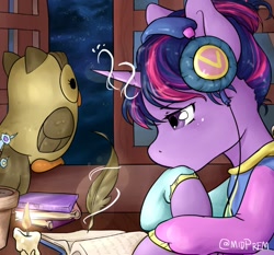 Size: 680x634 | Tagged: safe, artist:midnightpremiere, derpibooru import, owlowiscious, twilight sparkle, twilight sparkle (alicorn), alicorn, pony, book, candle, female, headphones, magic, mare, night, quill, telekinesis, window, writing