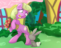 Size: 1000x800 | Tagged: safe, artist:klemm, derpibooru import, daisy, flower wishes, earth pony, pony, rabbit, female, flower, mare, ponyville, rearing, solo, the horror