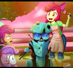 Size: 1604x1496 | Tagged: safe, artist:the-butch-x, apple bloom, scootaloo, sweetie belle, robot, equestria girls, apron, clothes, crossover, cutie mark crusaders, dirty, sqweeks, transformers, transformers the last knight, wrench