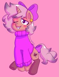 Size: 495x642 | Tagged: safe, artist:probablyapineapple, derpibooru import, oc, oc only, oc:sakura, pony, unicorn, clothes, female, happy, one eye closed, pink background, simple background, sitting, smiling, socks, sweater, wink