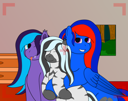 Size: 6318x5000 | Tagged: safe, artist:northern-frost, derpibooru import, oc, oc:glory solaris, oc:midnight whistle, oc:northern frost, bat pony, pegasus, pony, zebra, absurd resolution, adopted offspring, eyes closed, family photo, looking at you, offscreen character, one eye closed, smiling, tongue out, wink