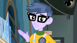 Size: 1280x720 | Tagged: safe, derpibooru import, screencap, microchips, all the world's off stage, all the world's off stage: micro chips, better together, equestria girls, glasses, male, smiling