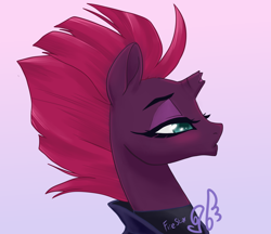 Size: 1272x1100 | Tagged: safe, artist:candasaurus, derpibooru import, tempest shadow, pony, unicorn, my little pony: the movie, beautiful, broken horn, bust, cute, female, gradient background, mare, portrait, profile, signature, solo, tempestbetes