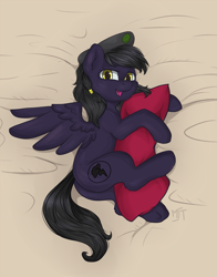 Size: 1505x1922 | Tagged: safe, artist:haruhi-il, derpibooru import, oc, oc only, oc:mir, pegasus, pony, fallout equestria, bed, commission, dashite, hat, pillow