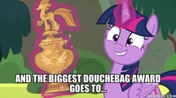 Size: 600x337 | Tagged: safe, derpibooru import, edit, edited screencap, screencap, twilight sparkle, twilight sparkle (alicorn), alicorn, surf and/or turf, award, image macro, meme, trophy