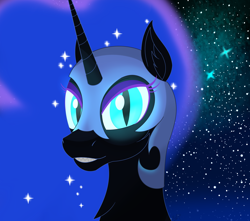 Size: 3000x2650 | Tagged: safe, artist:orangejuicerus, nightmare moon, pony, ear fluff, glowing eyes, grin, sharp teeth, smiling, solo, space, stars, teeth