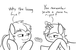 Size: 1227x817 | Tagged: safe, anonymous artist, derpibooru import, /mlp/, 420, 4chan, bad joke, drawthread, drugs, duo, funny, high, inappropriate use of magic, joint, joke, lineart, marijuana, monochrome, pun, simple background, why the long face