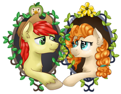 Size: 1024x797 | Tagged: safe, artist:saturnstar14, bright mac, pear butter, pony, the perfect pear, apple, brightbutter, bust, buttercup, double portrait, female, food, male, pear, reaching out, shipping, simple background, straight, transparent background