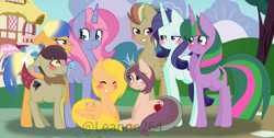 Size: 3428x1728 | Tagged: safe, artist:leanne264, derpibooru import, oc, oc only, oc:apple shine, oc:darkshy, oc:happy balloon, oc:magic spike, oc:melody crystal, oc:star dash, oc:sweet apple, oc:thunder apple, dracony, earth pony, hybrid, pegasus, pony, unicorn, female, interspecies offspring, magical lesbian spawn, male, mare, offspring, parent:applejack, parent:big macintosh, parent:caramel, parent:coloratura, parent:discord, parent:flash sentry, parent:fluttershy, parent:pinkie pie, parent:pokey pierce, parent:quibble pants, parent:rarity, parent:spike, parent:starlight glimmer, parent:twilight sparkle, parents:discoshy, parents:flashjack, parents:fluttermac, parents:glimmel, parents:pokeypie, parents:rarararara, parents:twispike