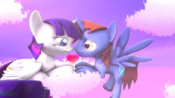 Size: 1024x576 | Tagged: safe, artist:okimichan, derpibooru import, oc, oc only, oc:headlong flight, oc:twily star, alicorn, pony, 3d, cloud, female, male, mare, prone, stallion