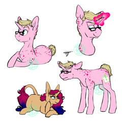 Size: 1024x974 | Tagged: safe, artist:farewelldecency, derpibooru import, oc, oc only, oc:batterbutt, oc:mint berry, muleicorn, freckles, glasses, magic, reference sheet