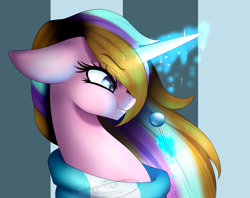 Size: 1897x1500 | Tagged: safe, artist:minelvi, oc, oc only, oc:twinke paint, pony, unicorn, :t, bust, candy, clothes, female, food, lollipop, magic, mare, portrait, scarf, solo